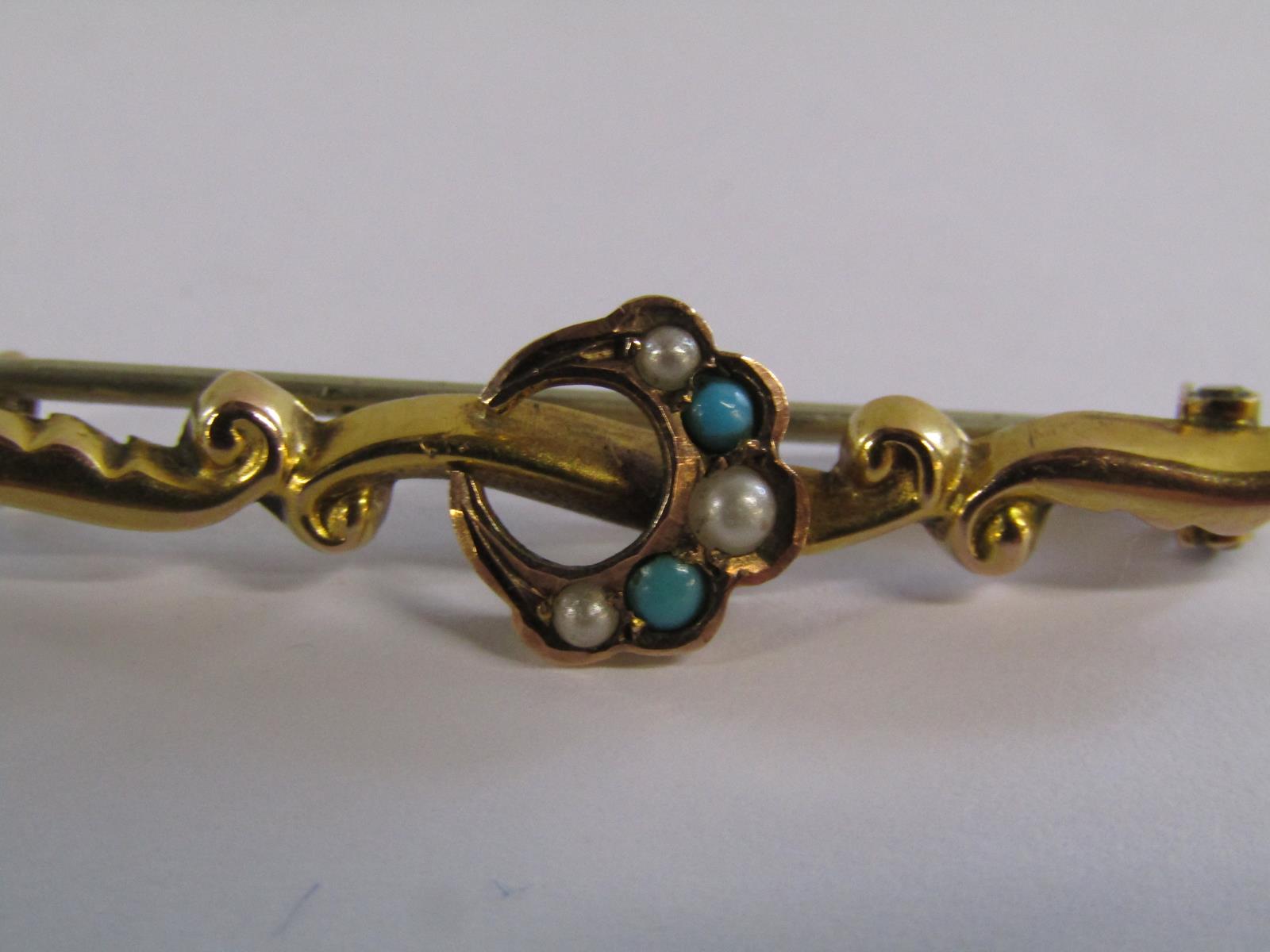 9ct gold bar brooch with ball inside a circle and 9ct brooch with turquoise and seed pearl - total - Image 6 of 7