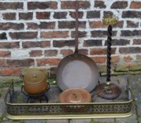 Vintage copper pans, ashtray stand & a brass fender