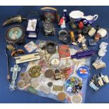 Various small collectables including magnifying glass, marbles, blue glass poison bottle etc