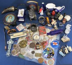 Various small collectables including magnifying glass, marbles, blue glass poison bottle etc