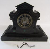 Large 19th century slate clock with malachite inlay - approx. 51cm x 41cm x 17.5cm