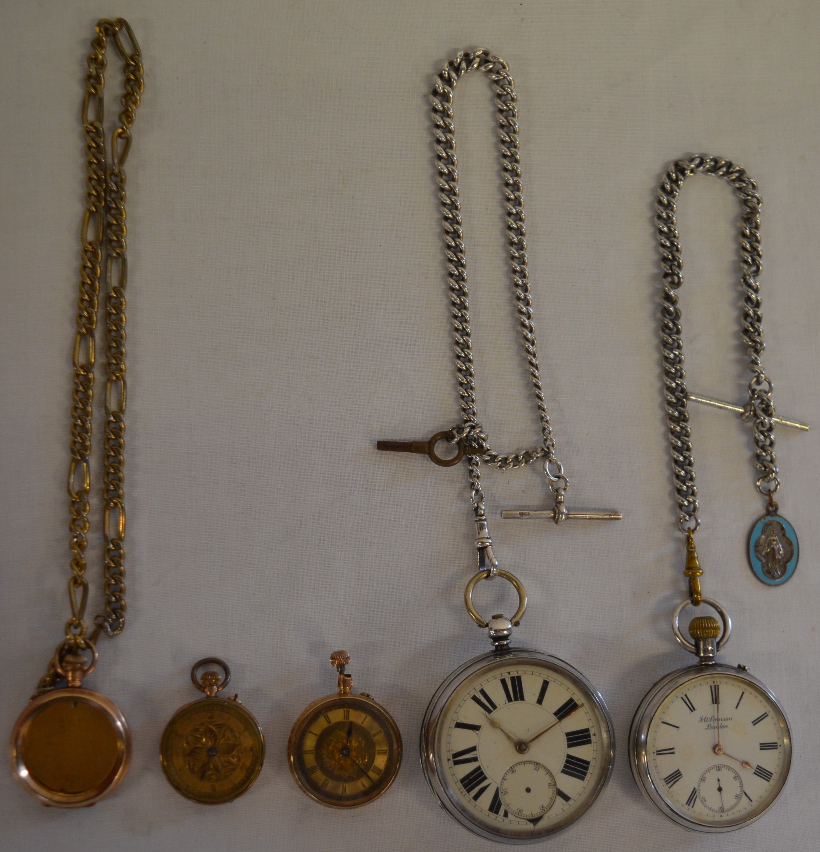 4 pocket watches in need of repair, including silver H V Benson London and another with engraved