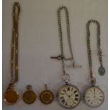 4 pocket watches in need of repair, including silver H V Benson London and another with engraved