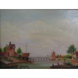 L Dudley framed oil on canvas depicting boats on a river scene -  approx. 60.5cm x 49cm