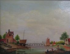 L Dudley framed oil on canvas depicting boats on a river scene -  approx. 60.5cm x 49cm