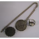 Silver belcher chain with mounted 1906 Kroner, silver brooch and silver ring - total weight 1.27ozt