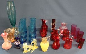 Selection of coloured glassware including ruby & cranberry & urnanium vaseline glass spill vase