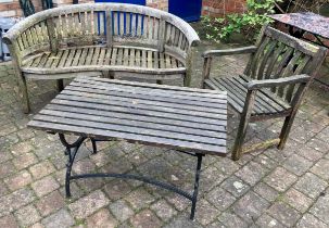 Wooden garden bench, chair & a table on a metal base