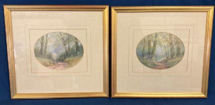 Pair of framed watercolours of woodland scenes by Hilary Scoffield 36cm by 35cm