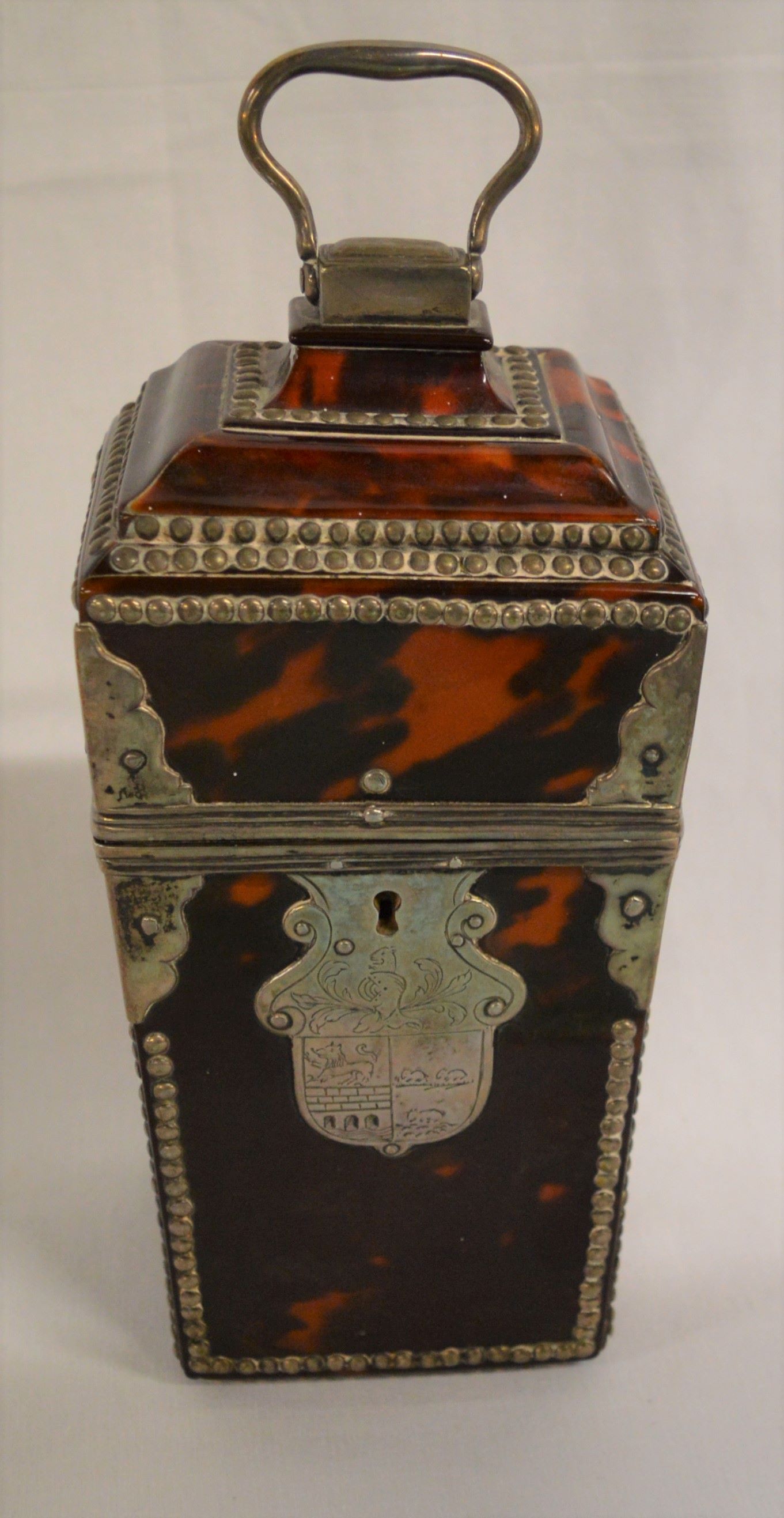 Continental tortoiseshell tea caddy (possibly originally a necessaire) with white metal
