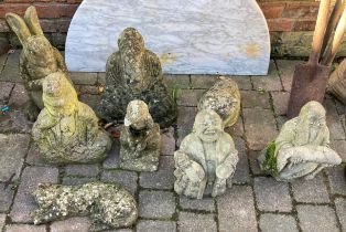 8 garden ornaments including Buddha, cats & a rabbit