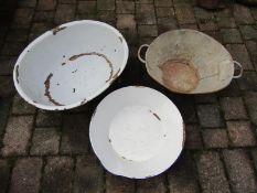 Large enameled bowls and metal two handled tin planter/corn measure