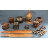 Selection of Continental carved wooden items including Canadian seal pot, sets of coasters & 2