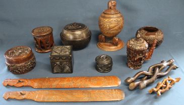 Selection of Continental carved wooden items including Canadian seal pot, sets of coasters & 2