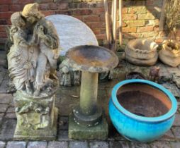 Garden statue of a pair of young lovers on a plinth, bird bath on a column & a large glazed planter