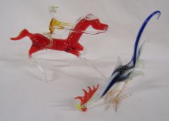 Possibly Murano glass cockerel 15cm tall and liquid filled blown glass horse and rider approx.