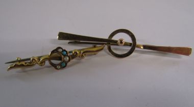 9ct gold bar brooch with ball inside a circle and 9ct brooch with turquoise and seed pearl - total