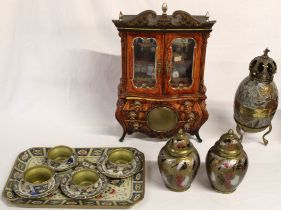 Miniature display cabinet with contents, Chad Valley child's tea cups and tray (some missing
