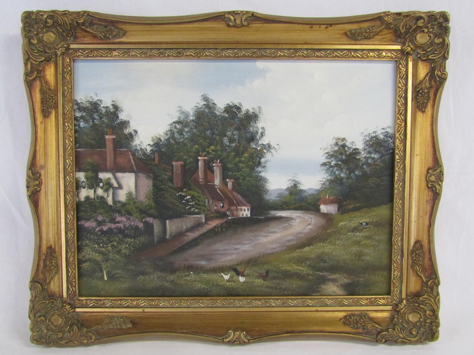 Framed oil on board, unsigned, depicting country road and cottages - approx. 49.5cm x 39cm - Image 2 of 3