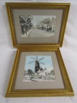 E V GIbson watercolours - Millers Rest with windmill behind 1986 - 40.5cm x 37.5cm and town scene