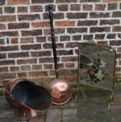 Copper coal scuttle, copper bed warming pan and Art Nouveau brass and mirror fronted fire screen