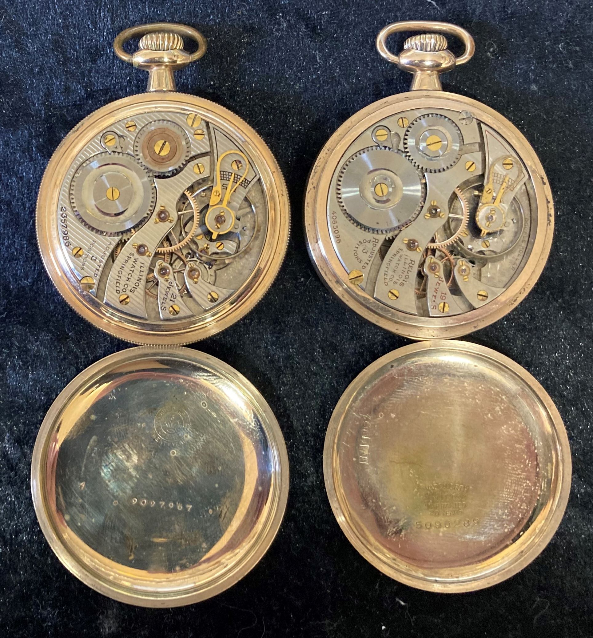 ##Amended Description## 2 gold plated screw back pocket watches Relgis Illinois crystal broken - Image 3 of 3