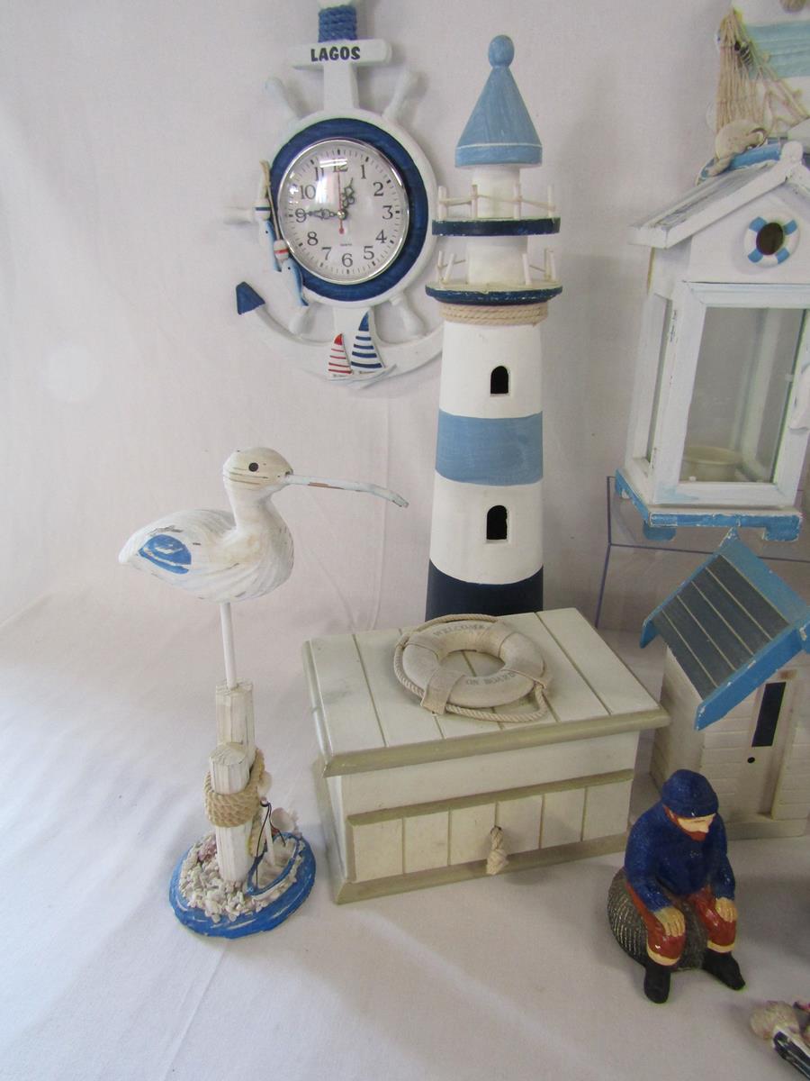 Collection of wooden beach ornaments includes, clock, lighthouses, beach hut money boxes, candle - Image 7 of 8
