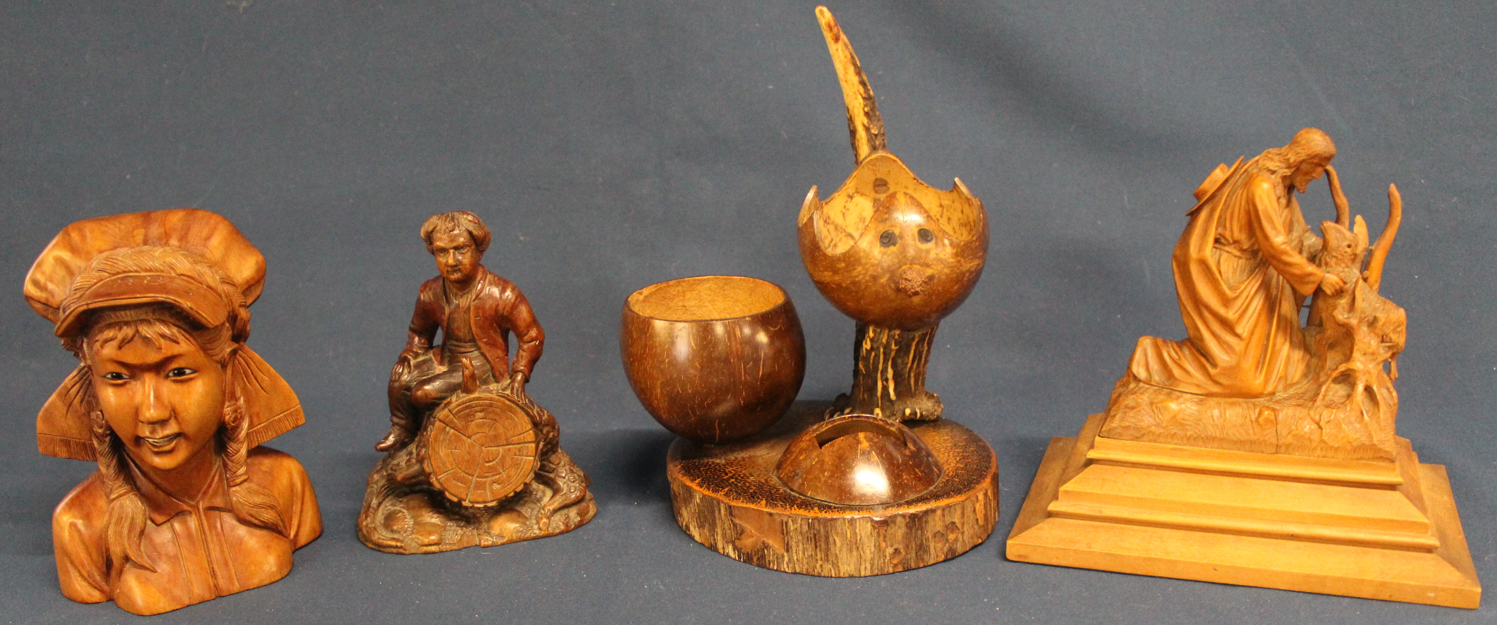 3 Continental wooden carvings including Jesus with a lamb & coconut / antler novelty smokers stand