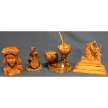 3 Continental wooden carvings including Jesus with a lamb & coconut / antler novelty smokers stand