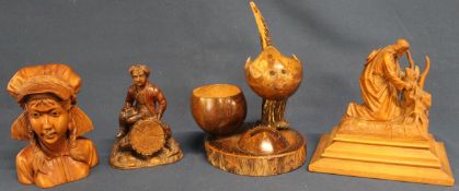 3 Continental wooden carvings including Jesus with a lamb & coconut / antler novelty smokers stand