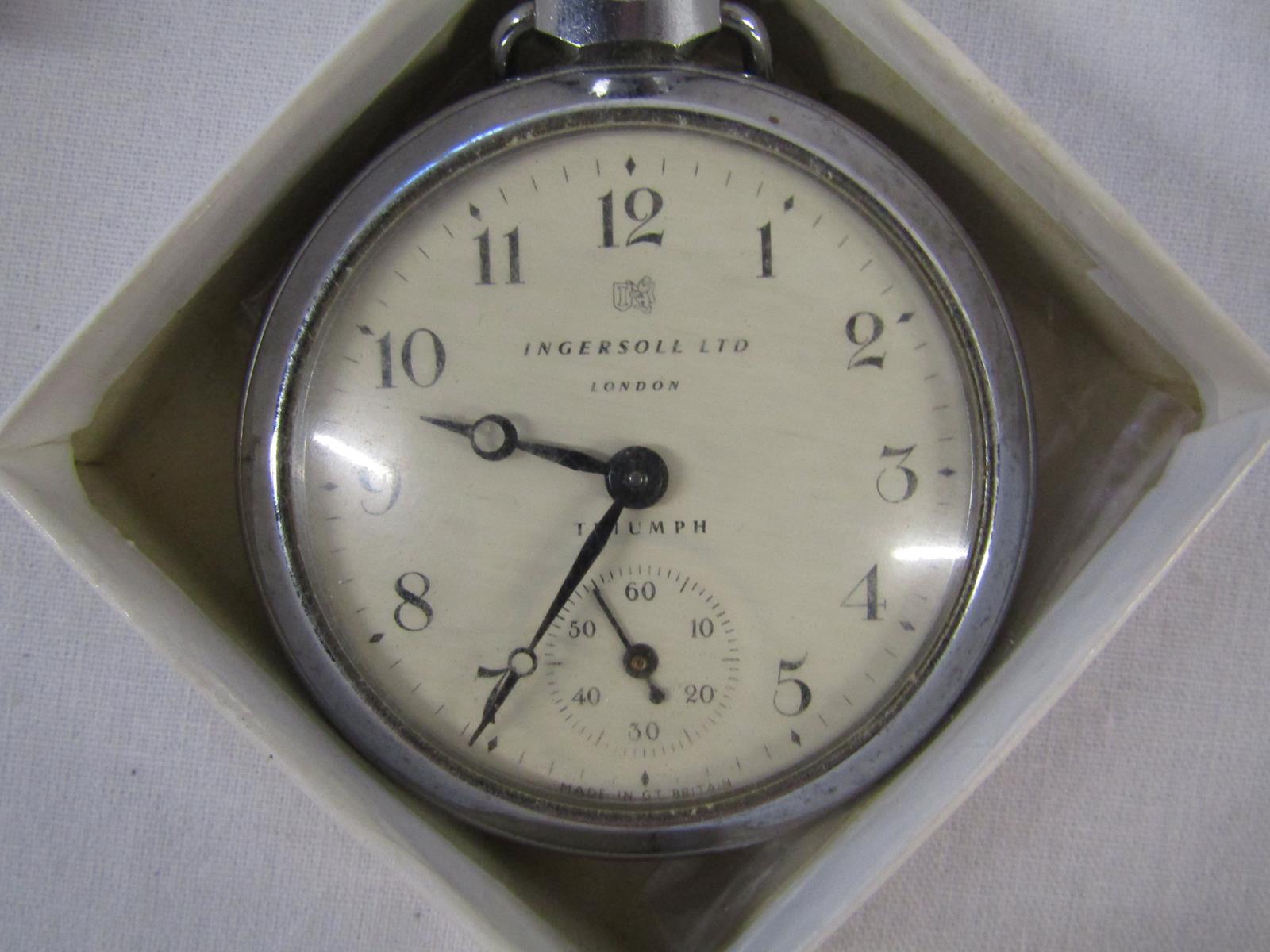 5 pocket watches Ingersoll triumph, Services, Westclox DAX black face etc also a white metal watch - Image 2 of 2