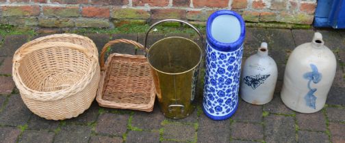 Umbrella stand, 2 stoneware flagons (one stamped The Stoneware Co. New York), brass coal bucket &