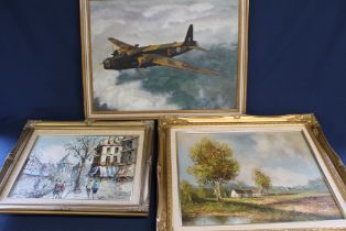 Oil on canvas depicting Vickers Wellington bomber, gilt framed oil on canvas depicting a continental