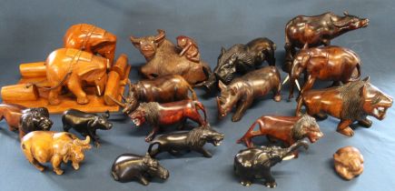 Selection of carved wooden animals including Chinese hardwood water buffalo (damage to leg) & pair