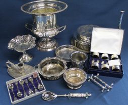 Silver on copper champagne bucket & selection of plated / metal ware coasters, napkin rings, knife