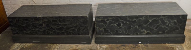 Pair of marbleized wooden plinths each 129cm by 50cm with a Ht of 47cm