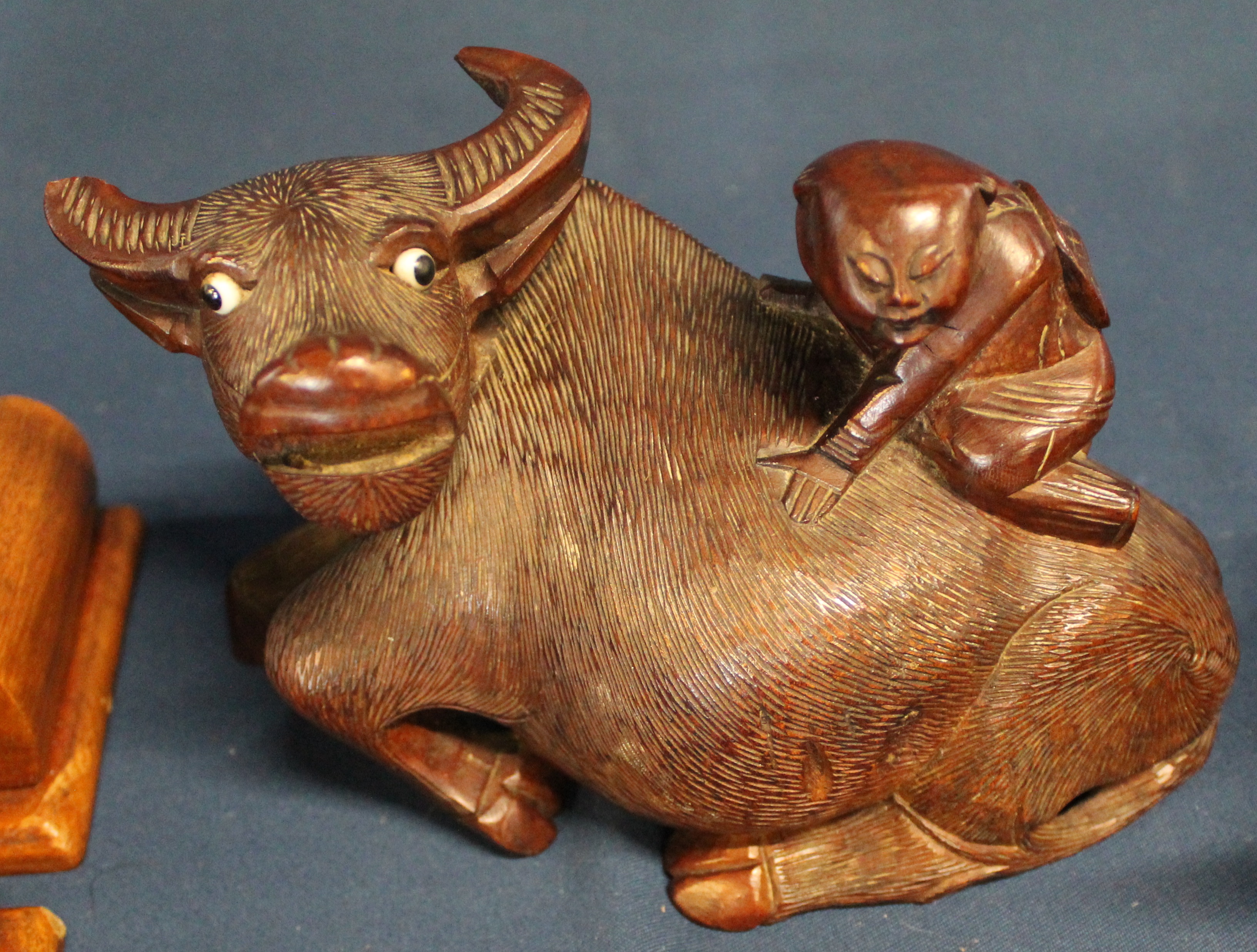 Selection of carved wooden animals including Chinese hardwood water buffalo (damage to leg) & pair - Image 2 of 3