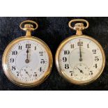 ##Amended Description## 2 gold plated screw back pocket watches Relgis Illinois crystal broken