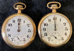 ##Amended Description## 2 gold plated screw back pocket watches Relgis Illinois crystal broken