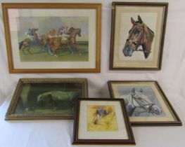 5 framed horse prints - Degas jockey, Chapman horse heads, racing start etc