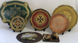4 painted papier mache Florentine trays and dressing table pots, copper tray and Chatsworth metal