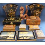 Pair of Chinese style waste bins, carved Chinese wooden dragon, miniature camphor chest, lacquered &