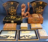 Pair of Chinese style waste bins, carved Chinese wooden dragon, miniature camphor chest, lacquered &