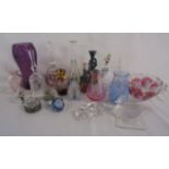 Selection of glassware includes small Caithness crystal vases, scent bottles, paperweight, bells,