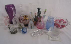 Selection of glassware includes small Caithness crystal vases, scent bottles, paperweight, bells,