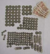 Coin collection includes three pence, six pences, Florin, one shilling, two shillings, half crowns