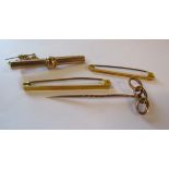 2 x 9ct gold bar / tie brooches, 9ct gold tie pin and a tested as 9ct gold tie brooch - total weight