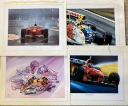 4 unframed motor racing prints by Craig Warwick, Gavin McLeod, Roy Goldsborough & Colin Carter