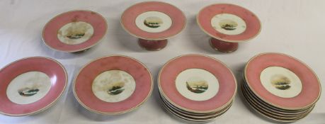 19th century pink plates and matching comports with central hand-painted scenes