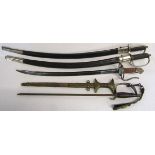 Pair and a single replica sabres, Arabic dagger and a sword fire poker